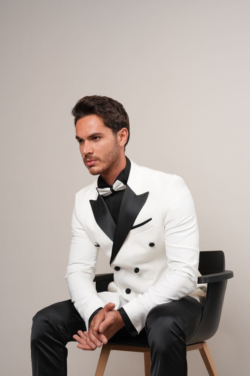 double breasted white stretch tuxedo