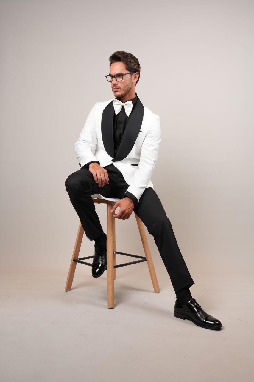 One Buttoned White Shawl Tuxedo - tuxedos at Flamingo Fits