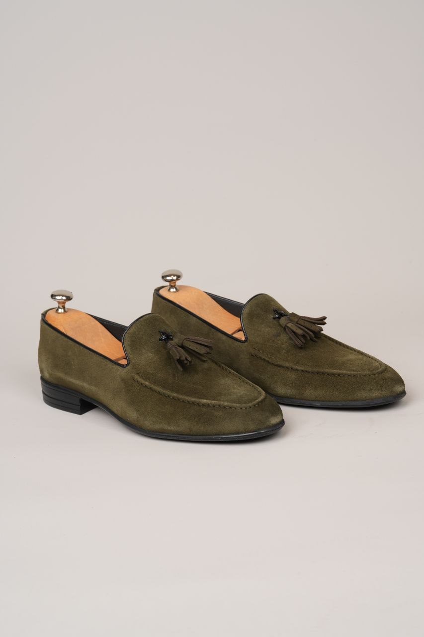 Trio olive sued tassel loafer in zayte | Flamingo Fits