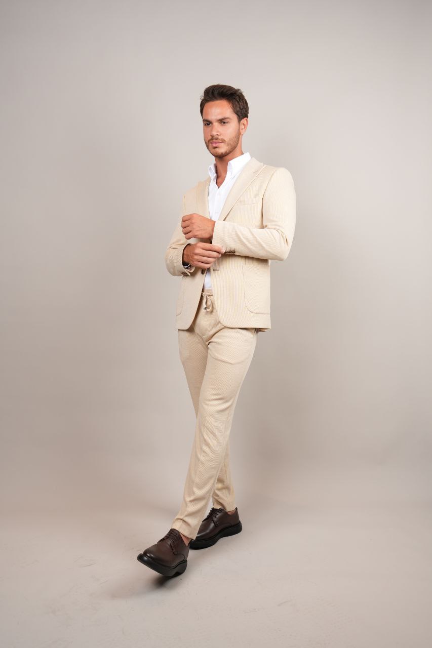 Beige Two-Piece Striped Suit