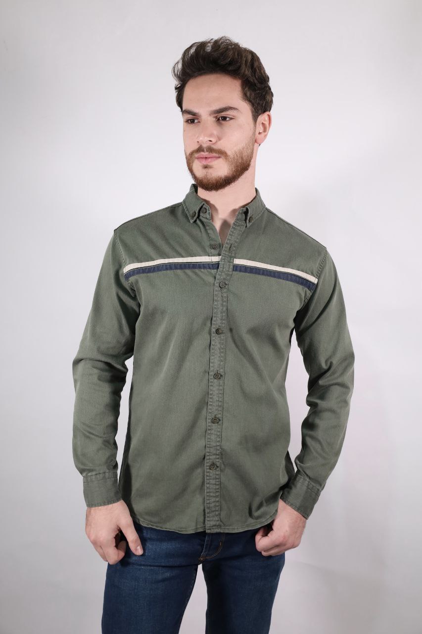 senzy one line paneled olive shirt - Casual Shirts at Flamingo Fits