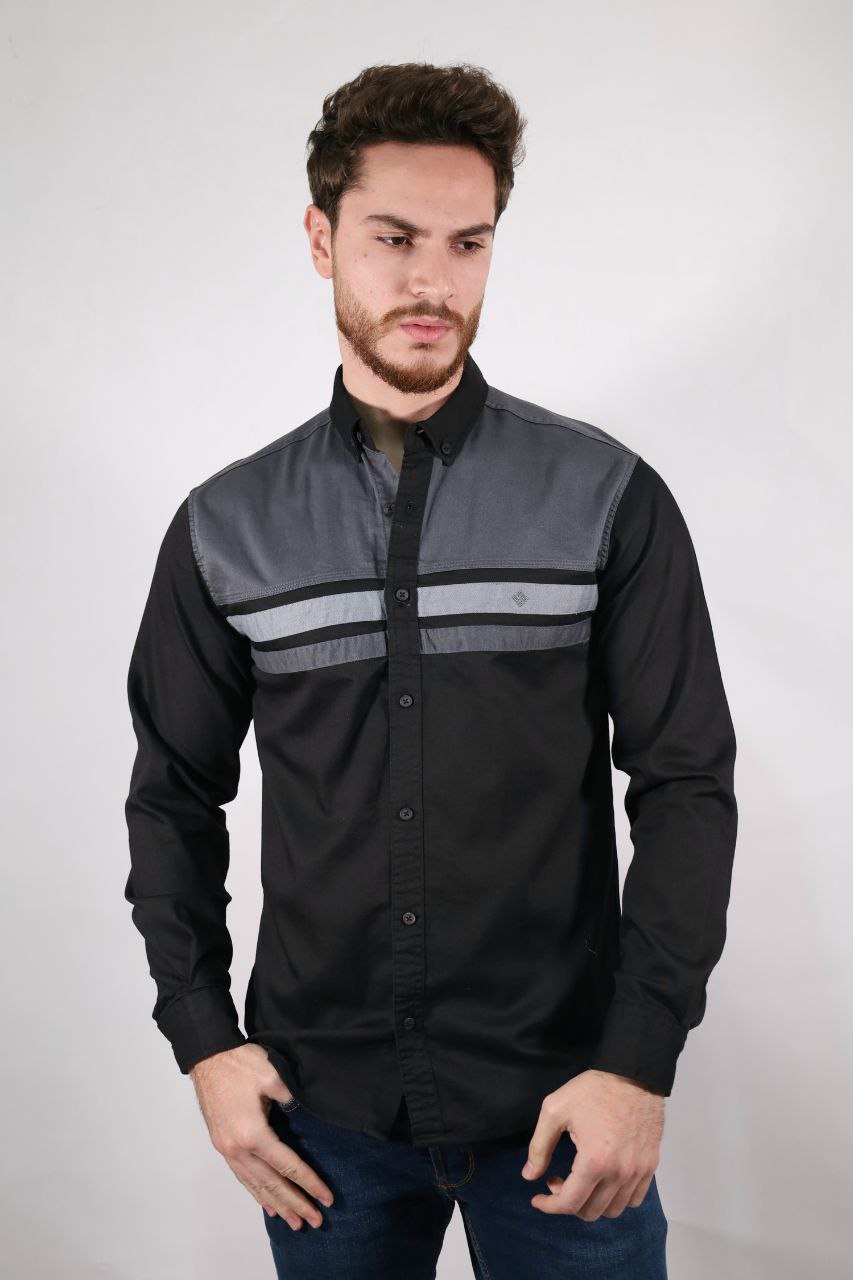 senzy black-grey two lines paneled shirt - Casual Shirts at Flamingo Fits