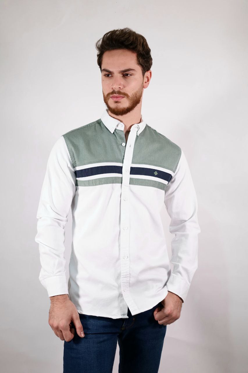 senzy white-olive two lines paneled shirt - Casual Shirts at Flamingo Fits