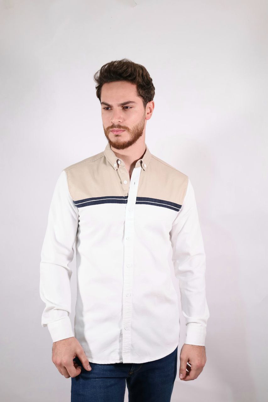 senzy beige-white tow toned paneled shirt - Casual Shirts at Flamingo Fits