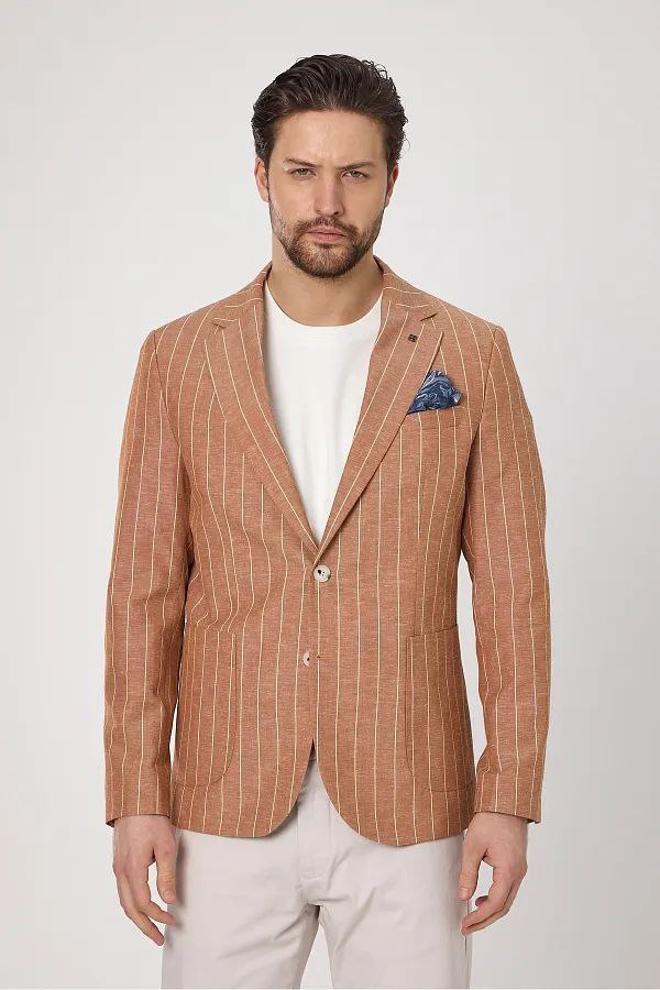 Light peach frappo pinstripe blazer in somow | Flamingo Fits