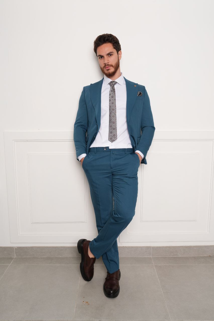 Slate blue hopsack two-pieces suit in orange | Flamingo Fits