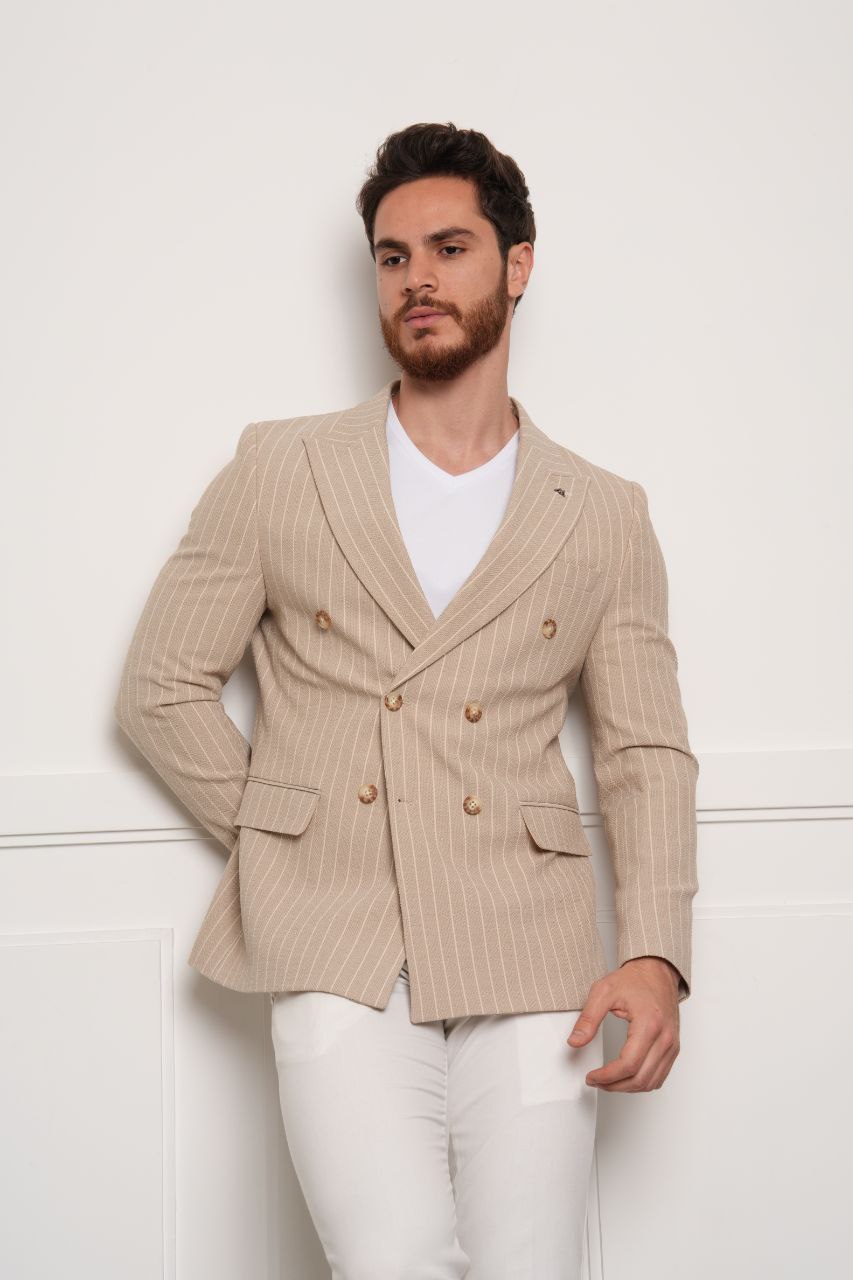 Marko pinstripe beige double-breasted blazer in beij | Flamingo Fits