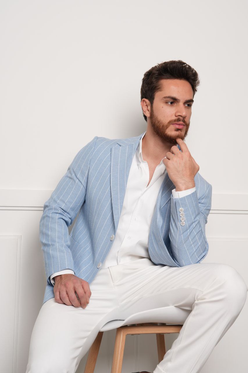 Blue frappo pinstripe blazer in blue | Flamingo Fits