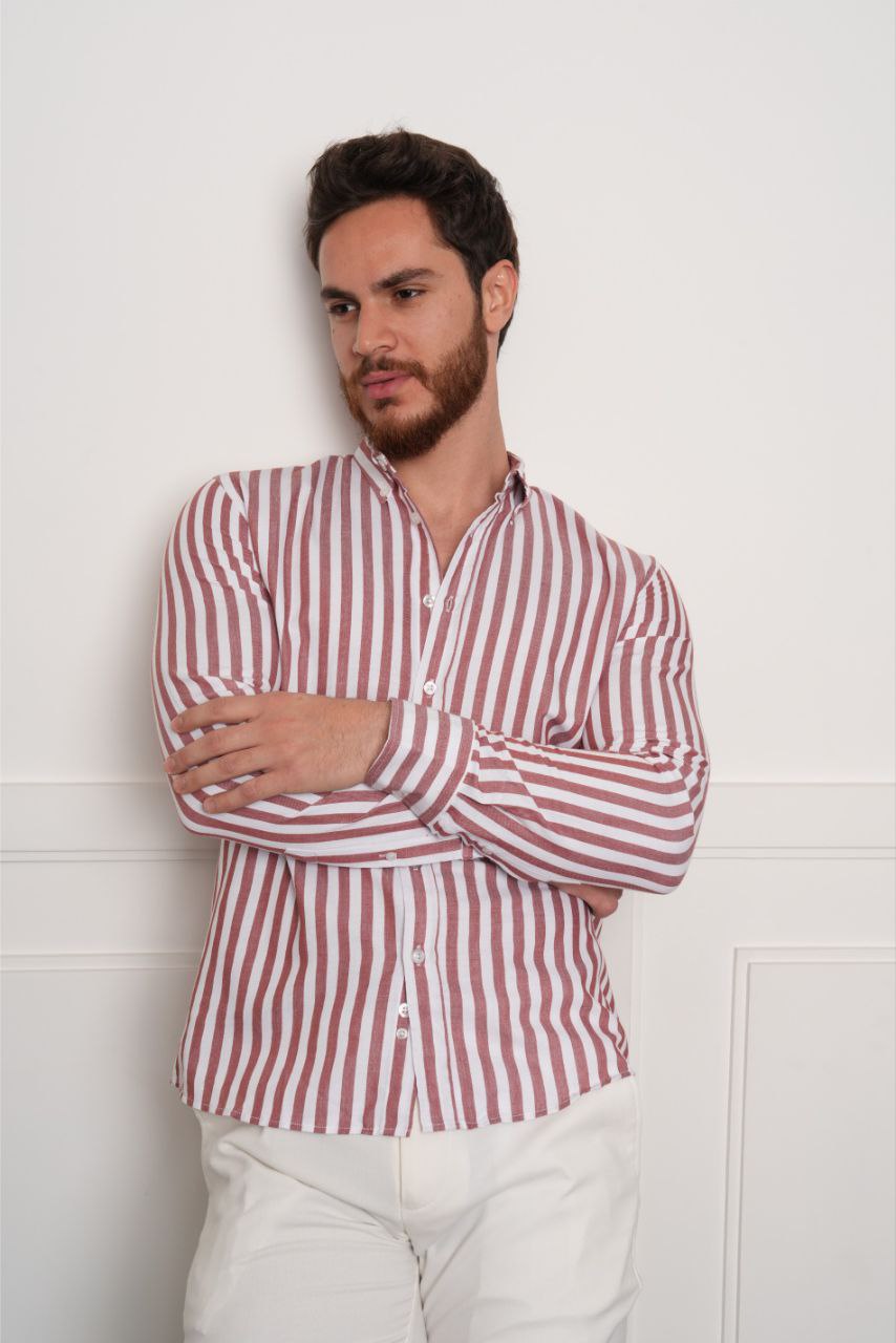 Burgundy stripped cotton shirt in RACHEL LC | Flamingo Fits