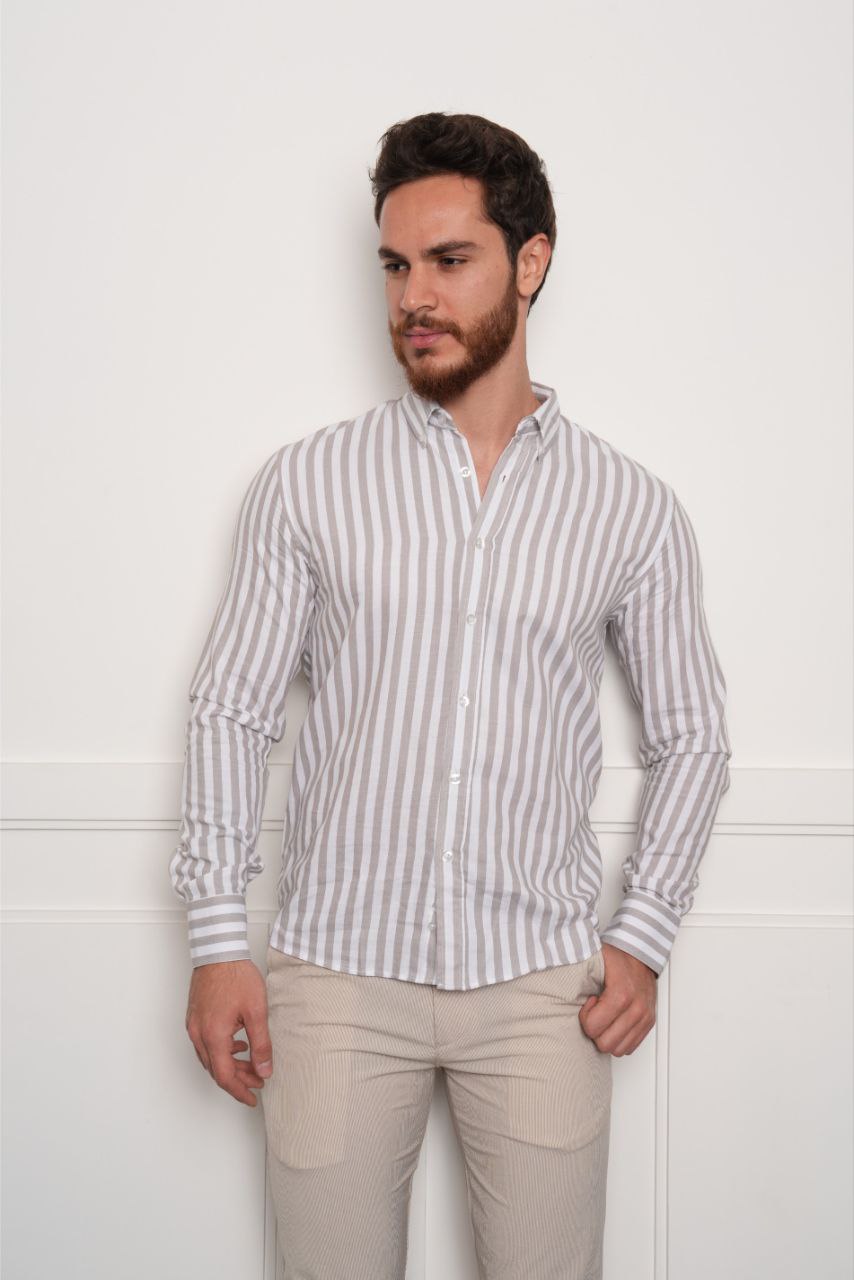 Beige stripped cotton shirt - Casual Shirts at Flamingo Fits