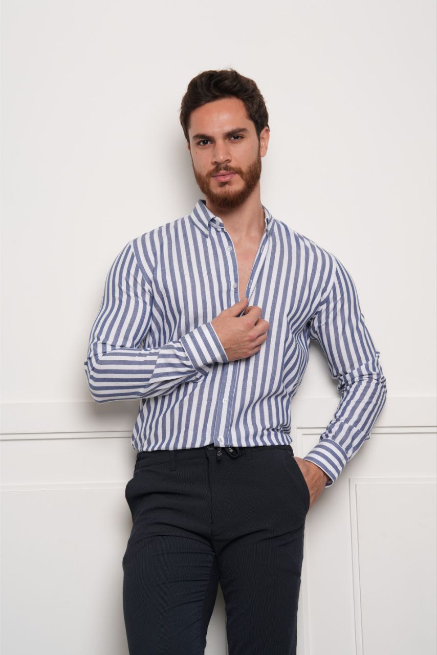 Navy stripped cotton shirt in navy | Flamingo Fits