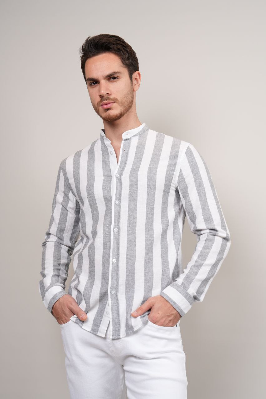 Blue stripped mandarin linen shirt in blue | Flamingo Fits