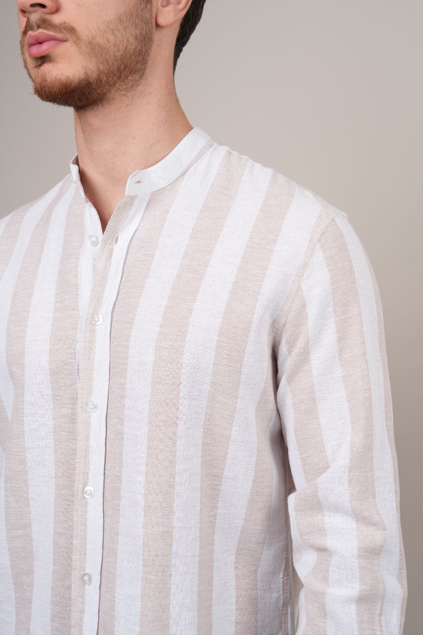 beige stripped mandarine linen shirt - shirt at Flamingo Fits
