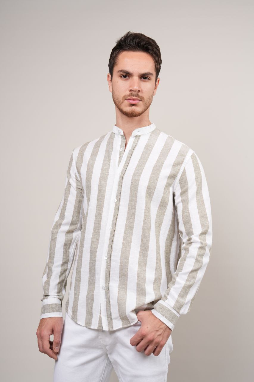 olive stripped mandarine linen shirt - shirt at Flamingo Fits