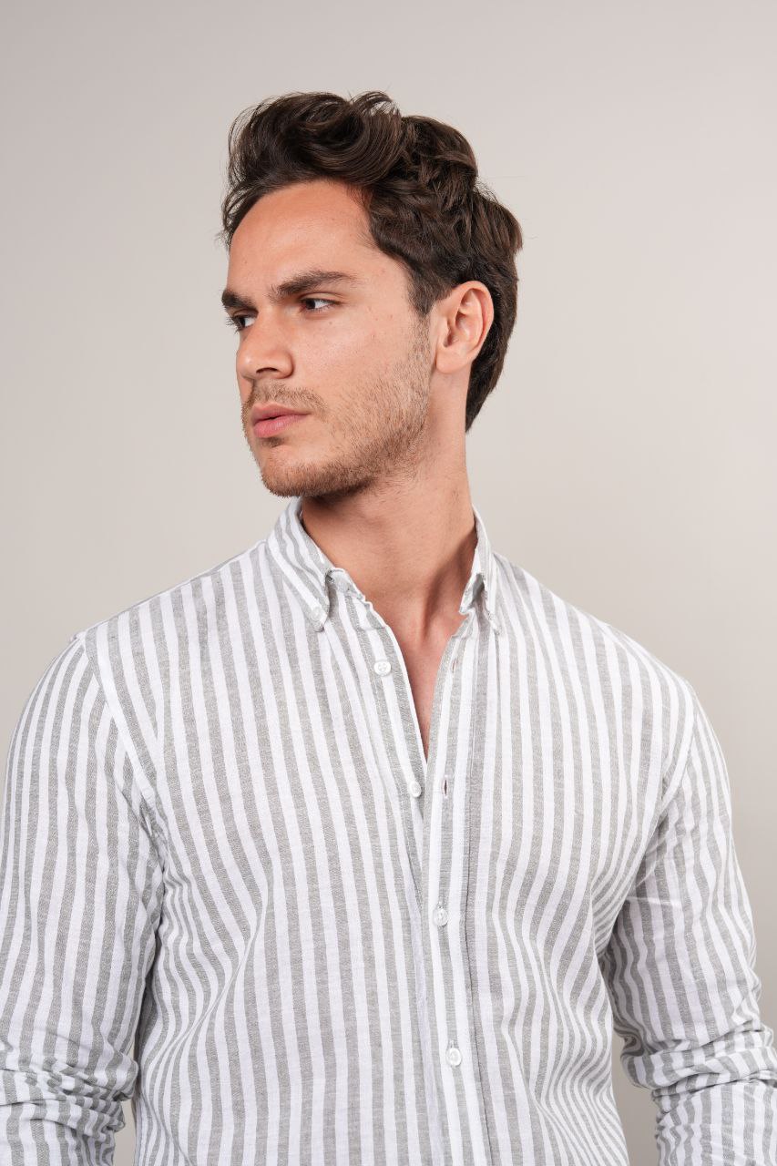 Olive stripped linen shirt in zayte | Flamingo Fits