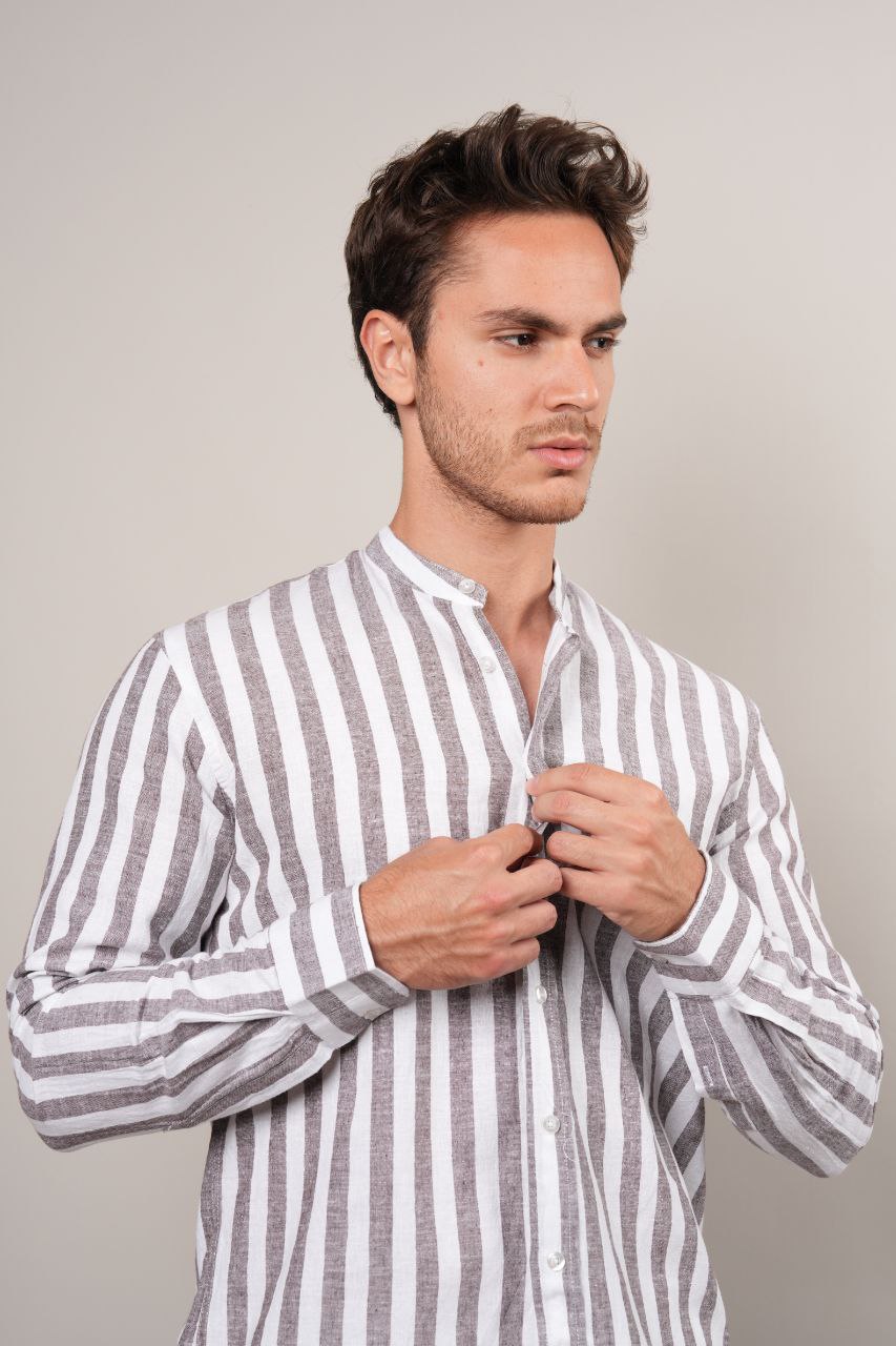 Brown stripped mandarin linen shirt in brown | Flamingo Fits