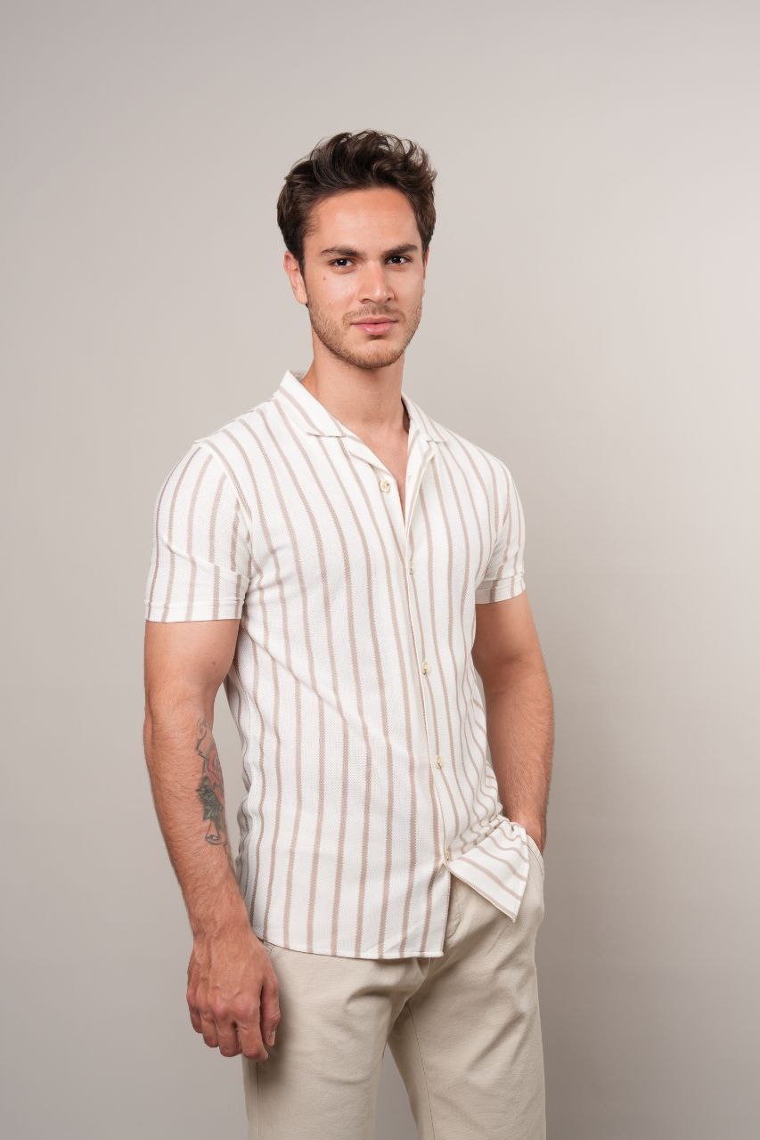 WHITE ZALORA BEIGE STRIPES SHORT SLEEVE SHIRT - shirt at Flamingo Fits
