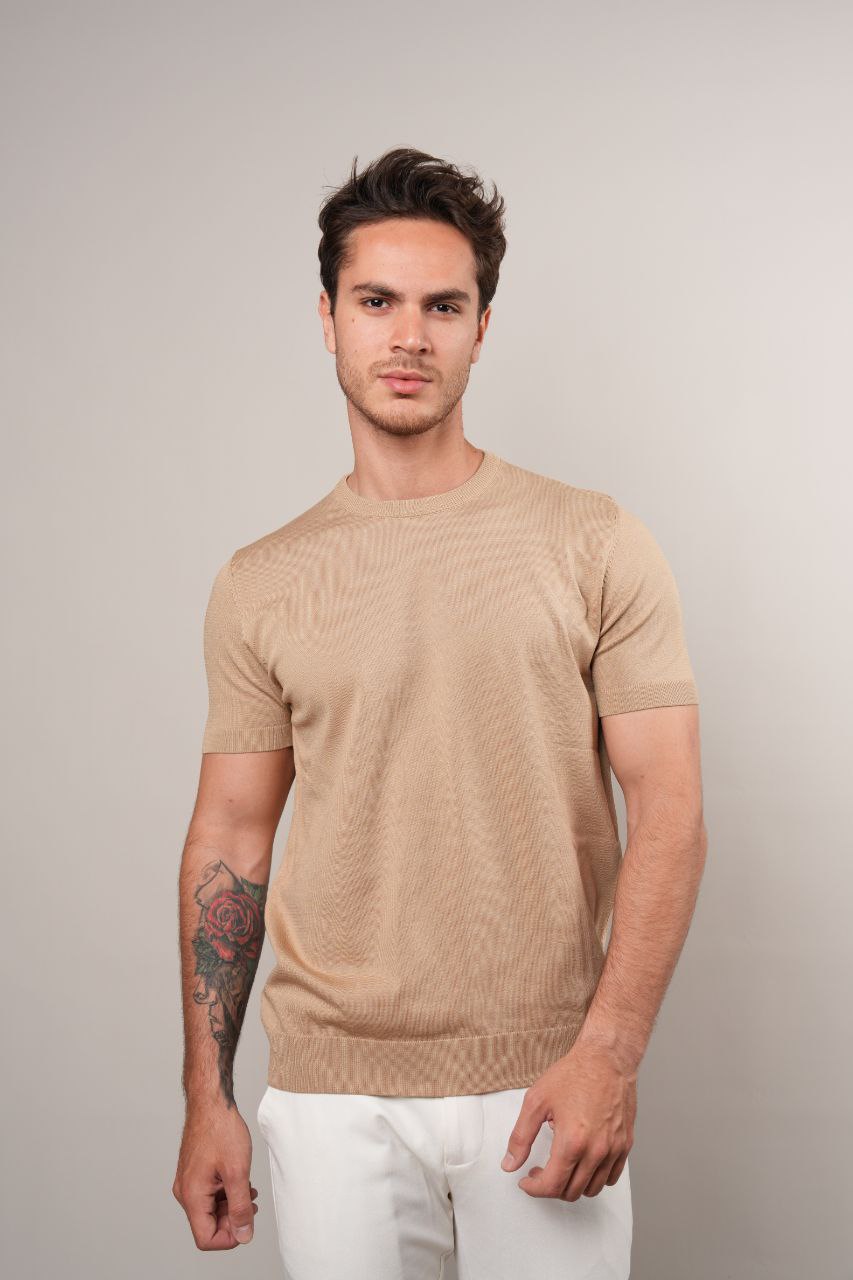 Camel basic fine knit round neck tshirt in camel | Flamingo Fits