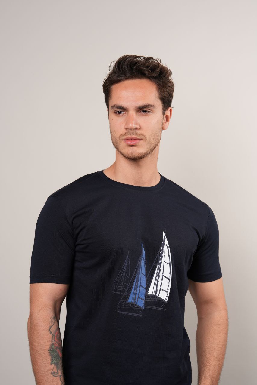 NAVY SAILBOAT GRAPHIC COTTON TSHIRT