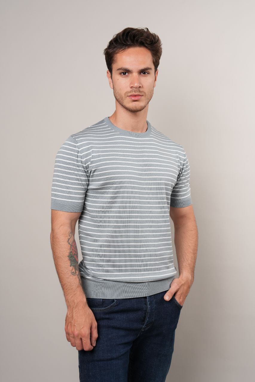 Blue striped pima crew neck in blue | Flamingo Fits