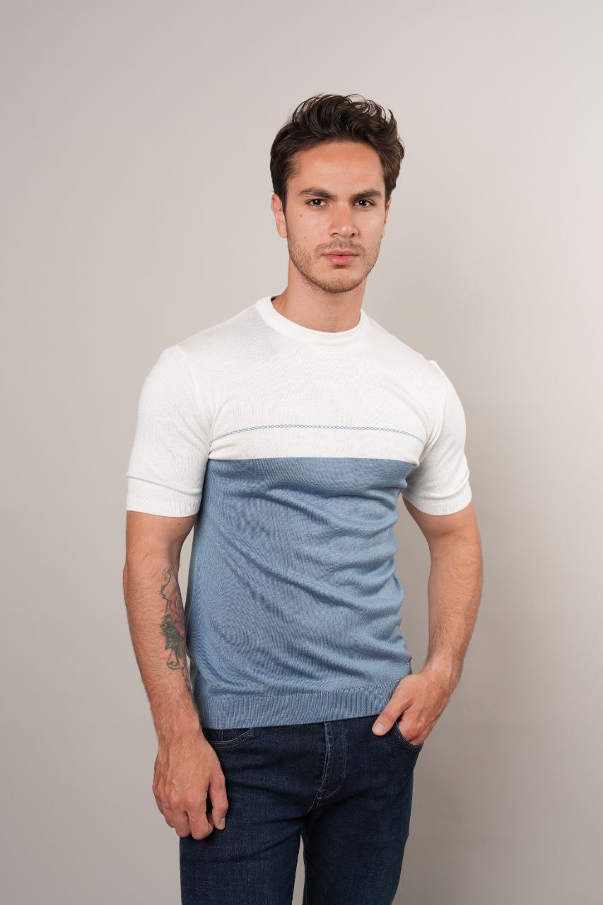 Blue half way knit round neck tshirt in blue | Flamingo Fits