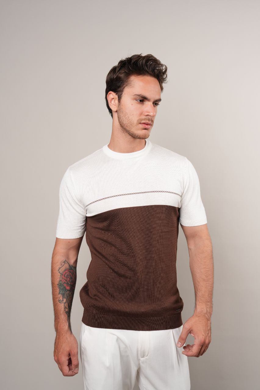 Brown half way knit round neck tshirt in brown | Flamingo Fits