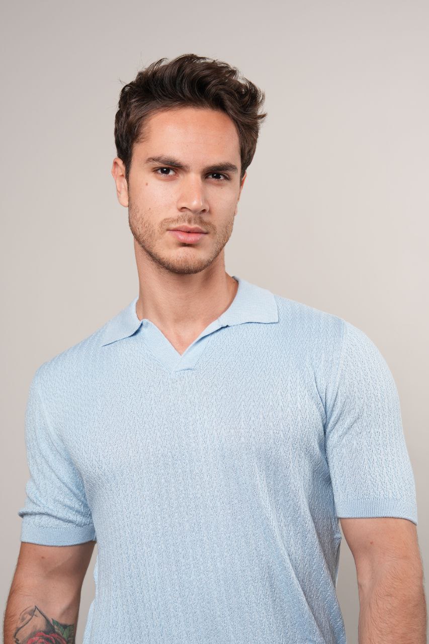 BLUE REVIVO KNITTED POLO NECK TSHIRT - tshirt at Flamingo Fits