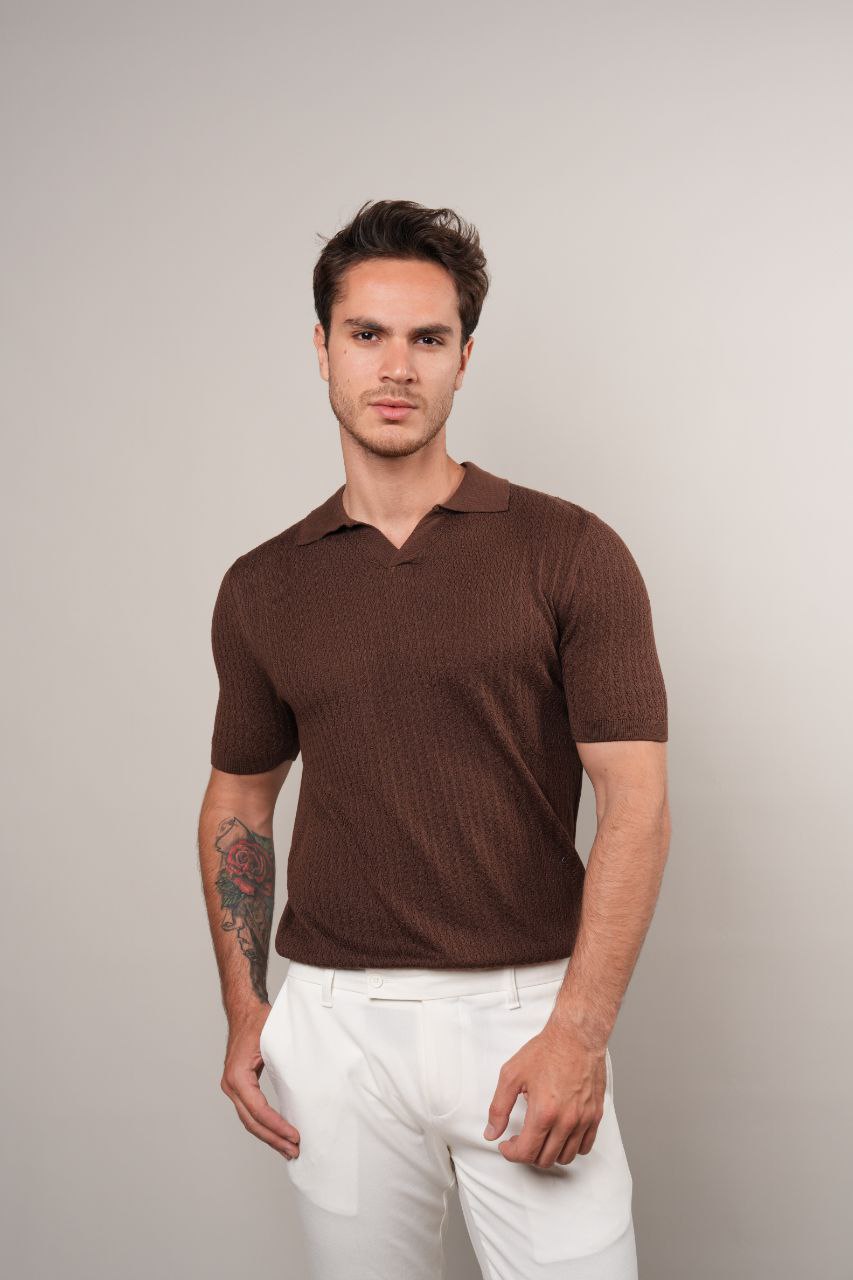BROWN REVIVO KNITTED POLO NECK TSHIRT - tshirt at Flamingo Fits