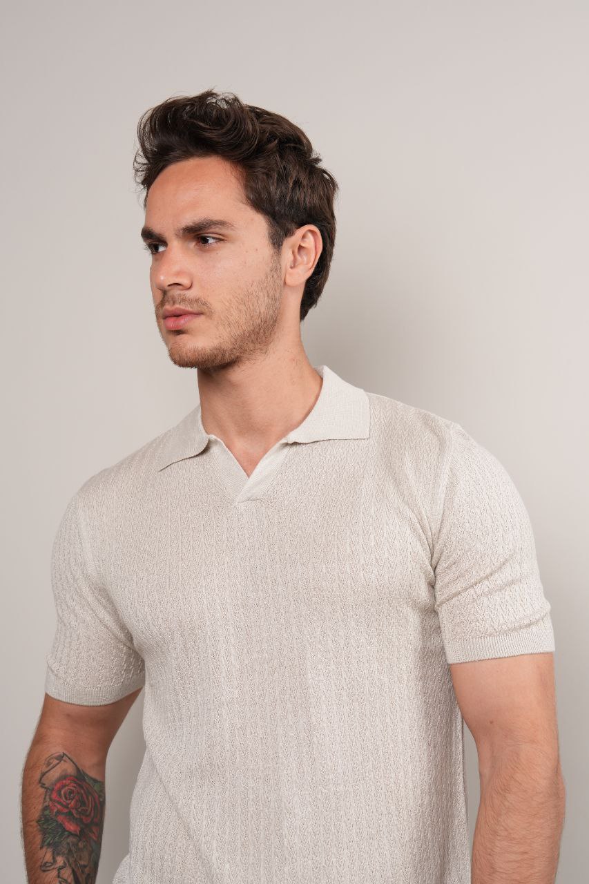 BEIGE REVIVO KNITTED POLO NECK TSHIRT - tshirt at Flamingo Fits