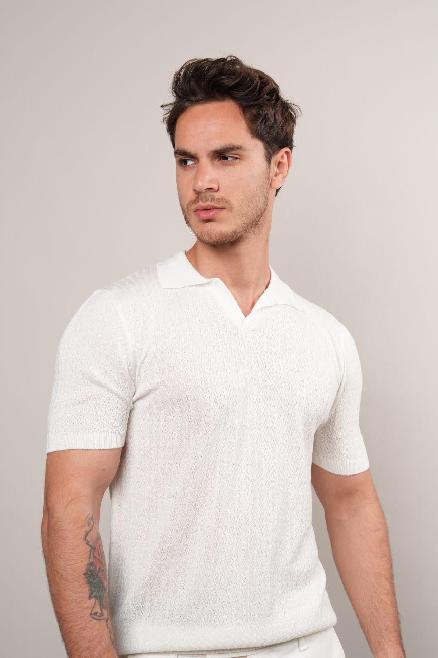 WHITE REVIVO KNITTED POLO NECK TSHIRT - tshirt at Flamingo Fits