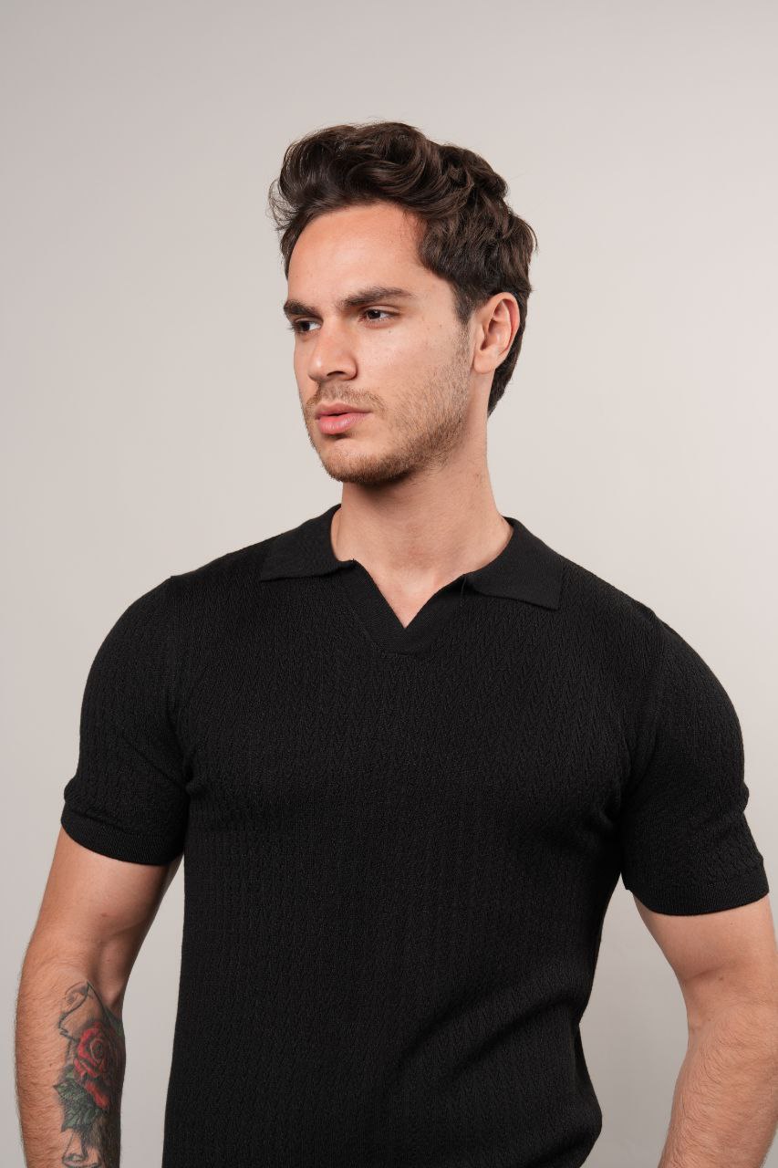 BLACK REVIVO KNITTED POLO NECK TSHIRT - tshirt at Flamingo Fits