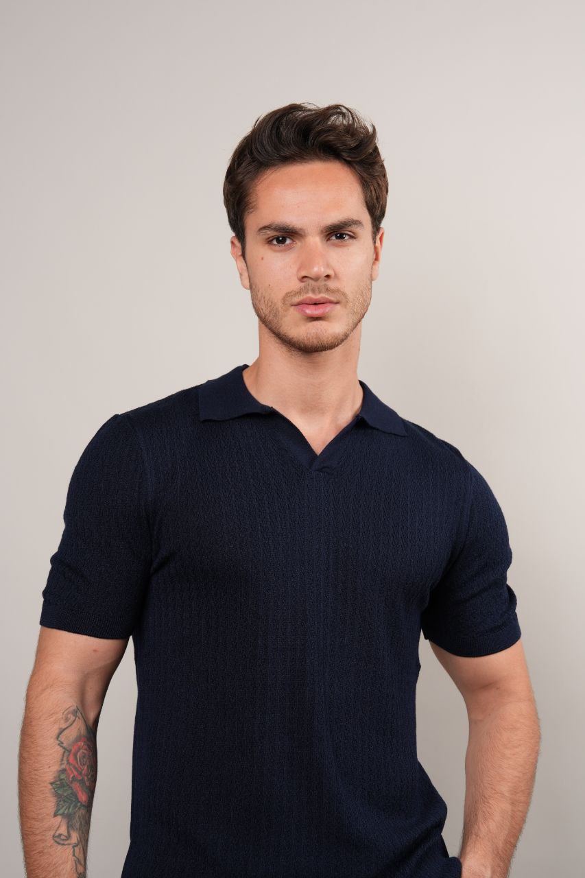 NAVY REVIVO KNITTED POLO NECK TSHIRT - tshirt at Flamingo Fits