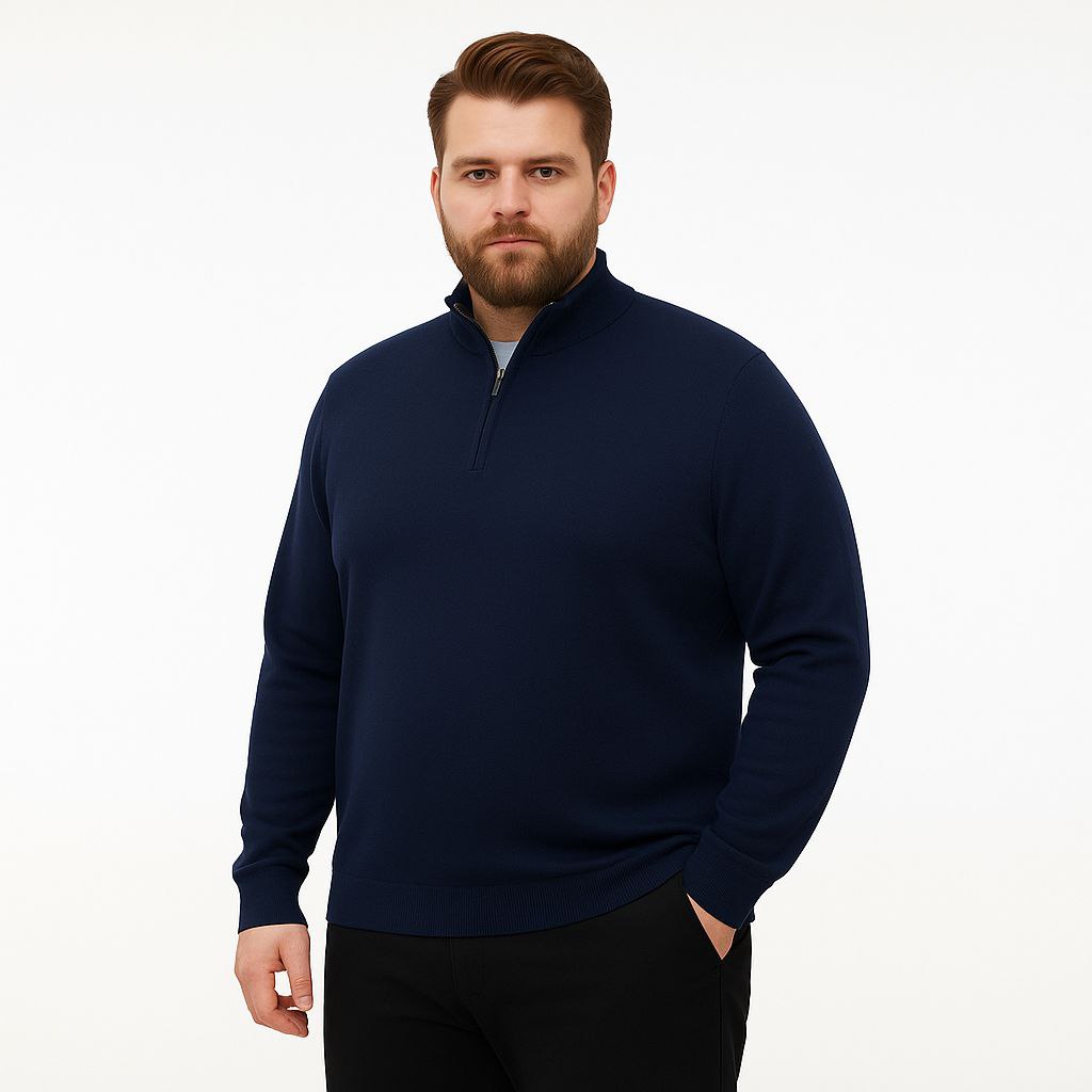 Navy bigsize quarter zip knitted sweater in navy | Flamingo Fits