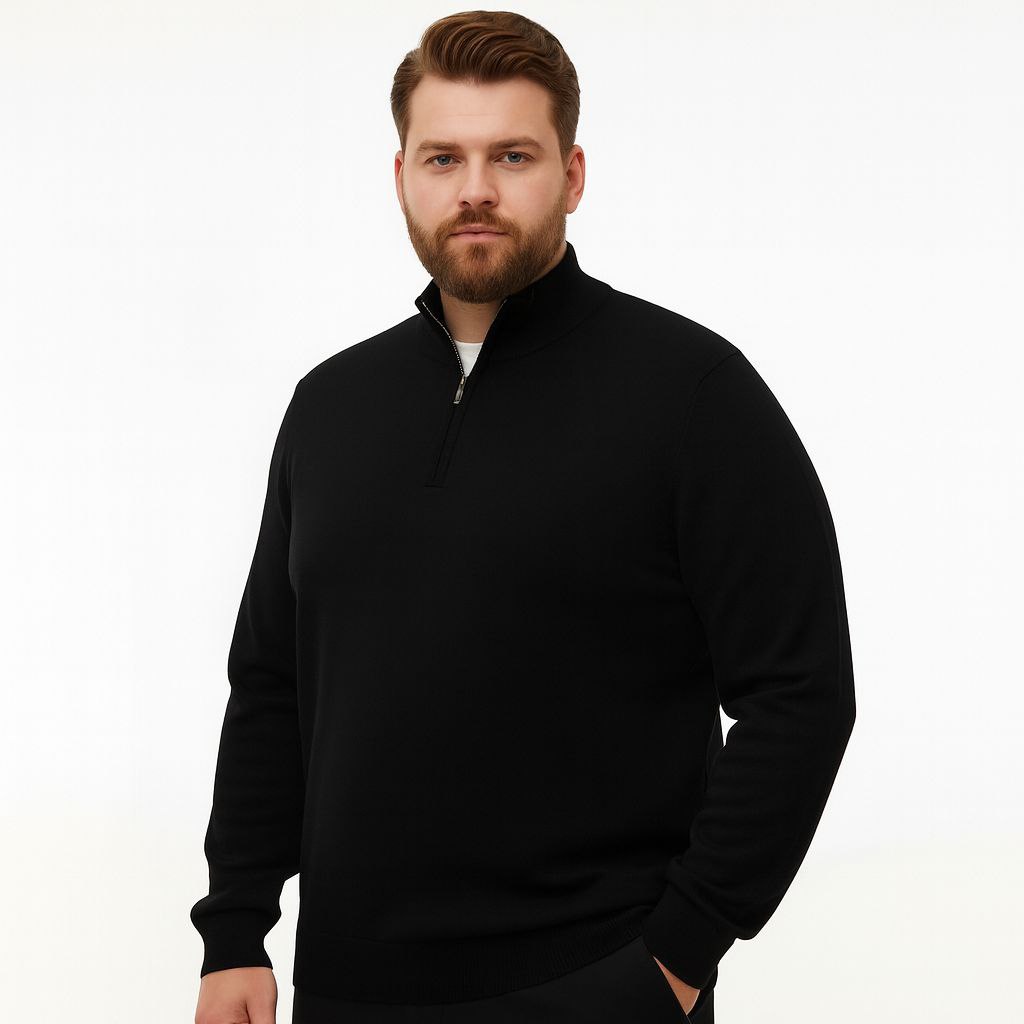 Black bigsize quarter zip knitted sweater in black | Flamingo Fits