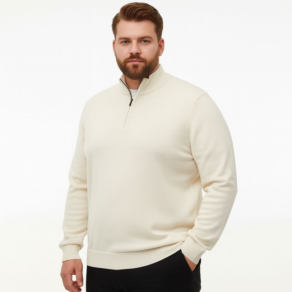 White bigsize quarter zip knitted sweater in white | Flamingo Fits