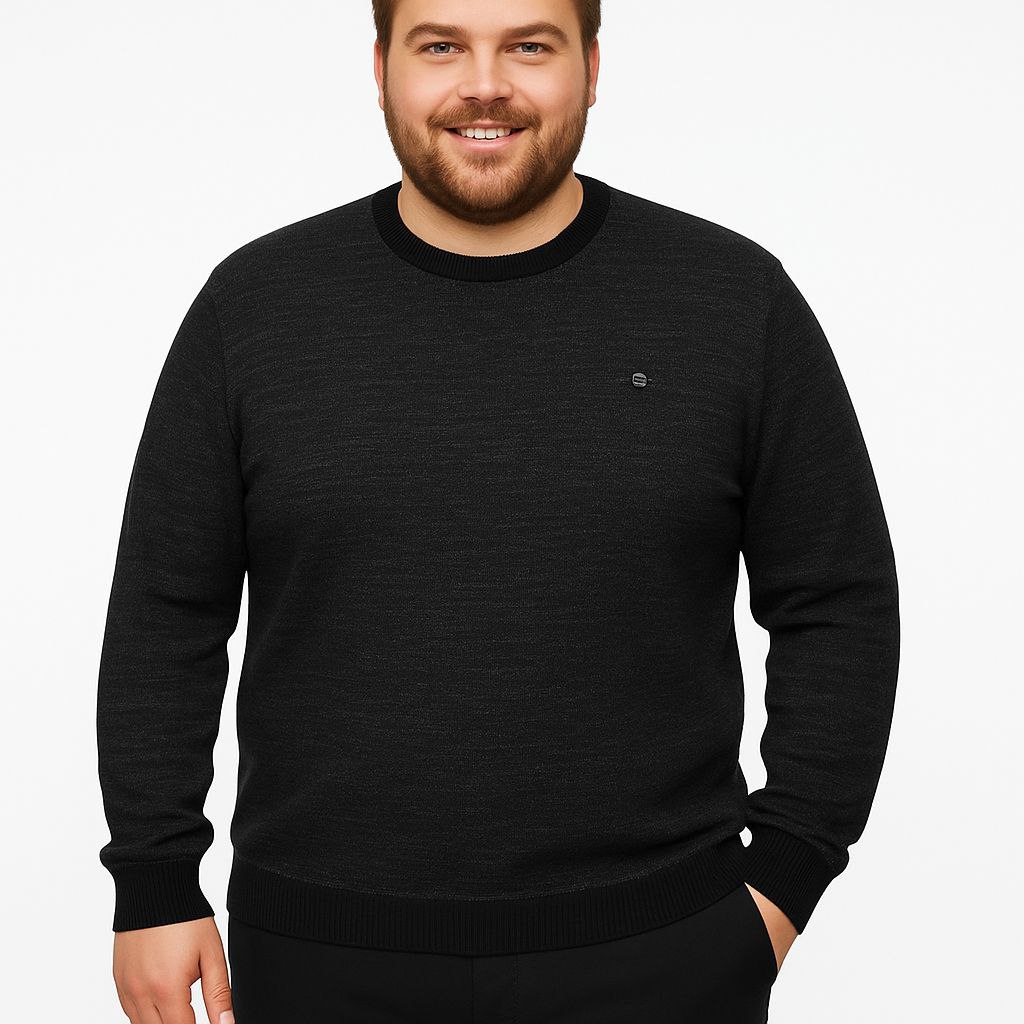 Black bigsize round-neck knit sweater in black | Flamingo Fits