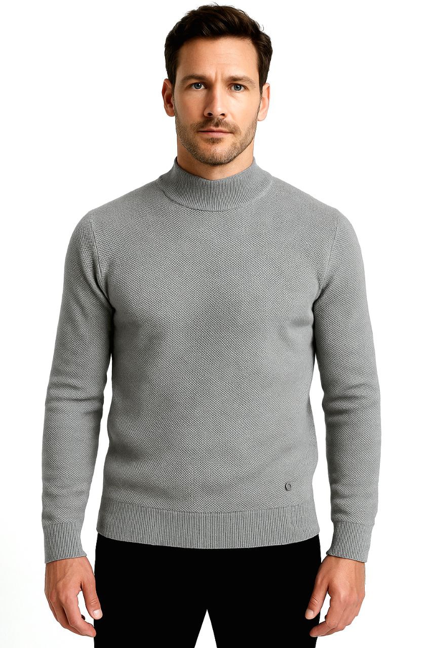Grey High-Neck Textured Sweater