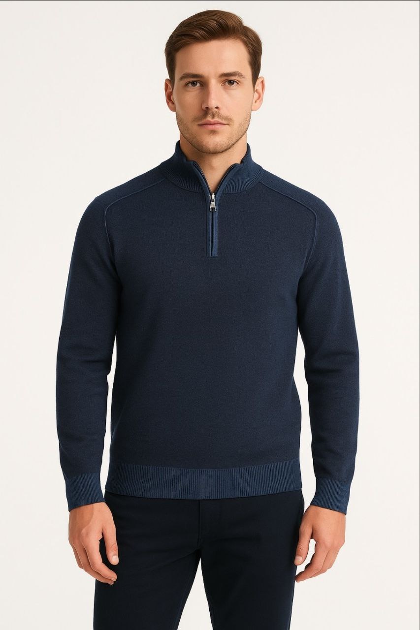 Indigo High-Neck Zip-Up Knit Sweater