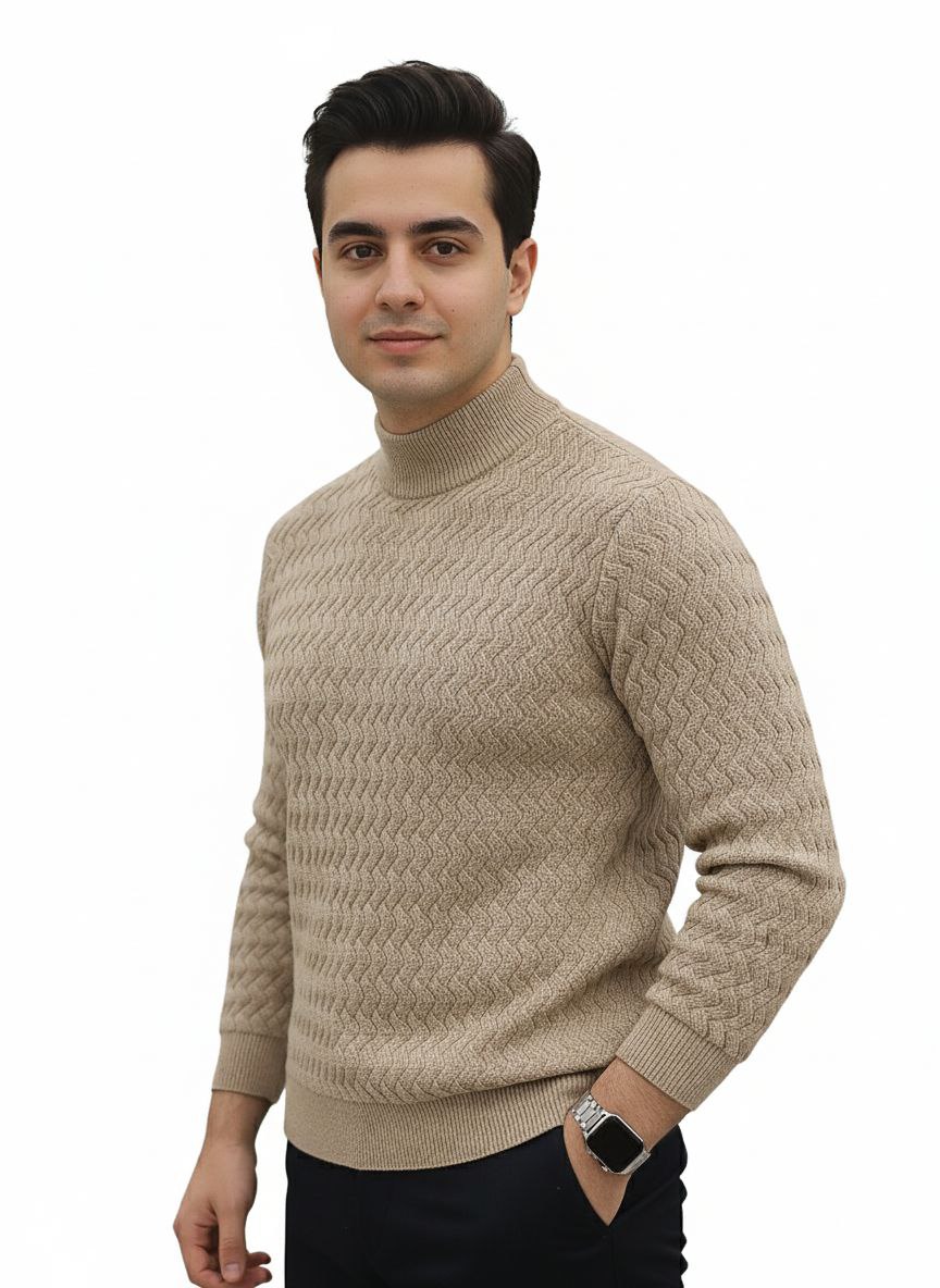 Beige Cable-Wool High-Neck Sweater