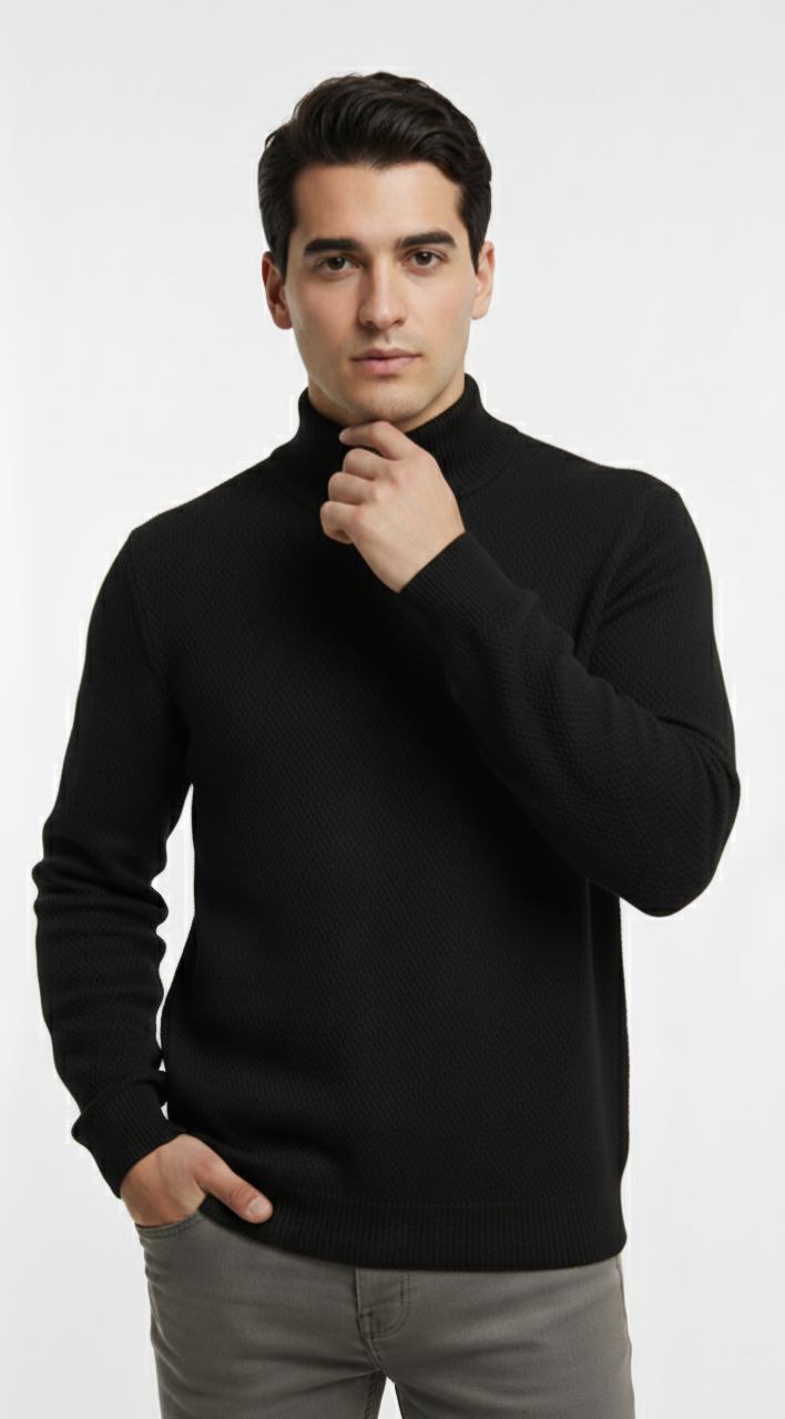 Black High-Neck Textured Sweater