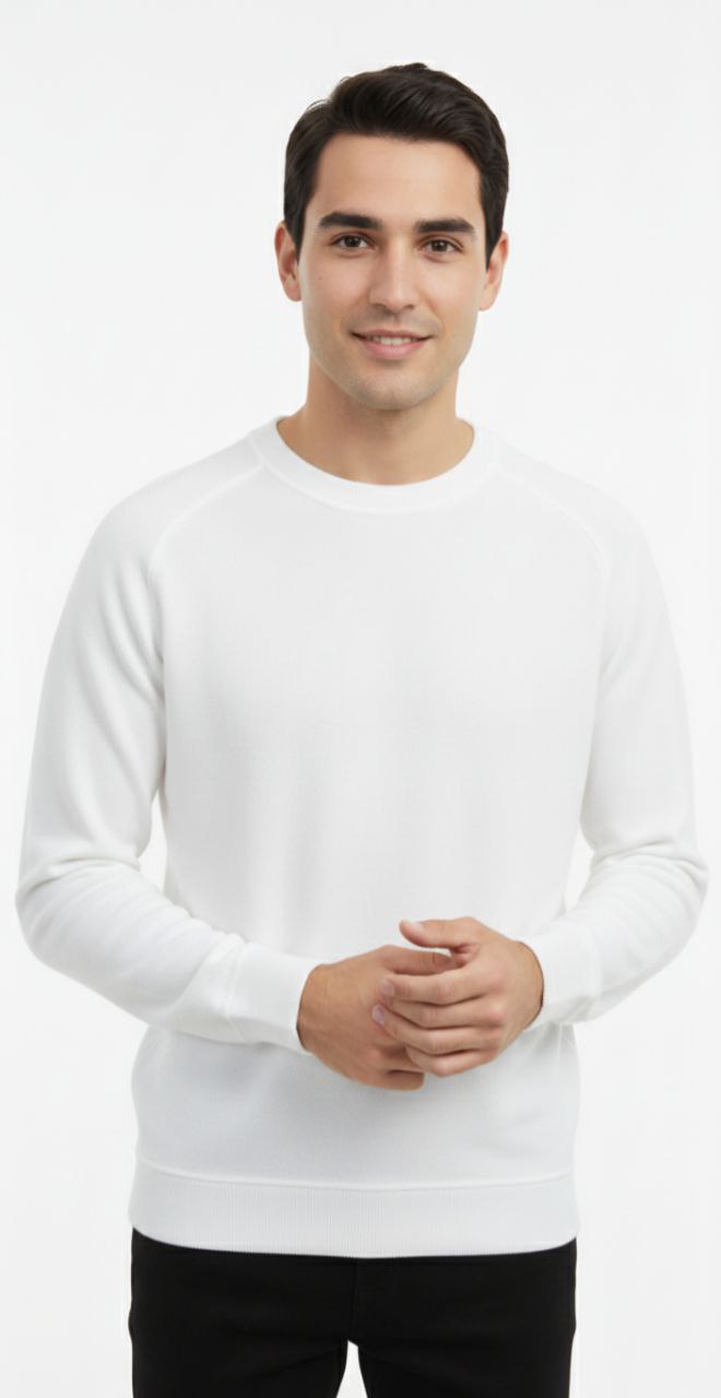 White cotton piqué round-neck sweater in white | Flamingo Fits