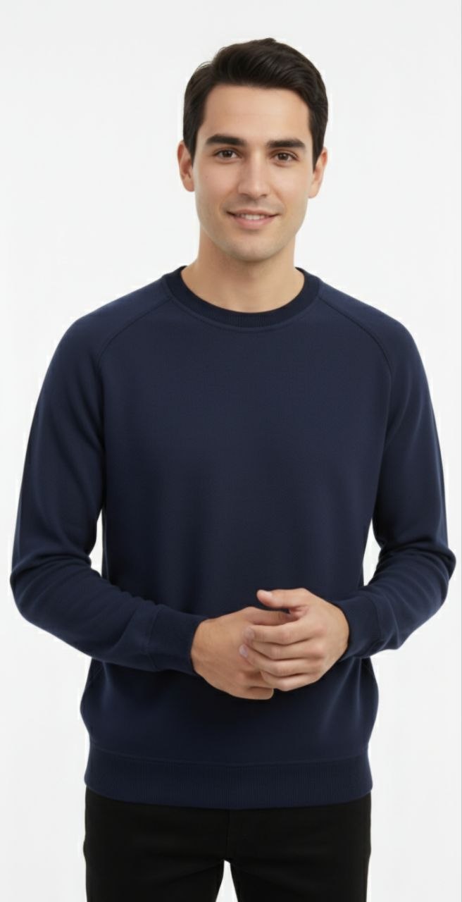 Navy Cotton Piqué Round-Neck Sweater