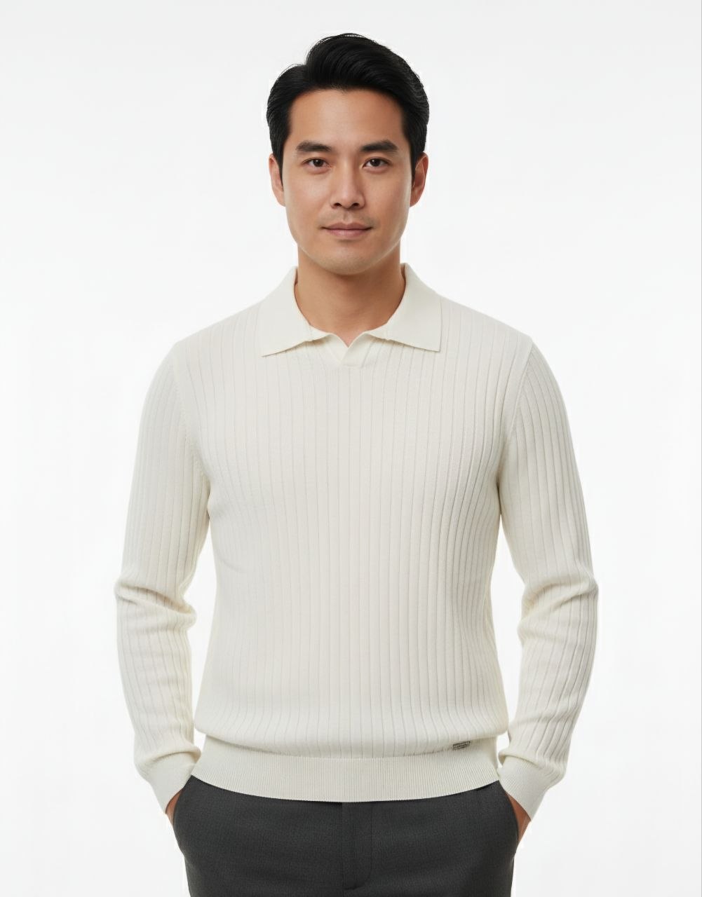 White V-Neck Polo Knitted Sweater
