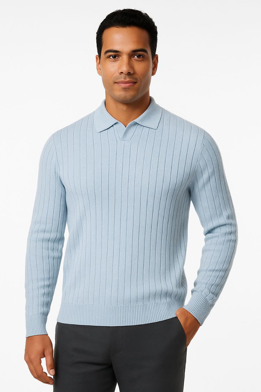 Blue v-neck polo knitted sweater in blue | Flamingo Fits