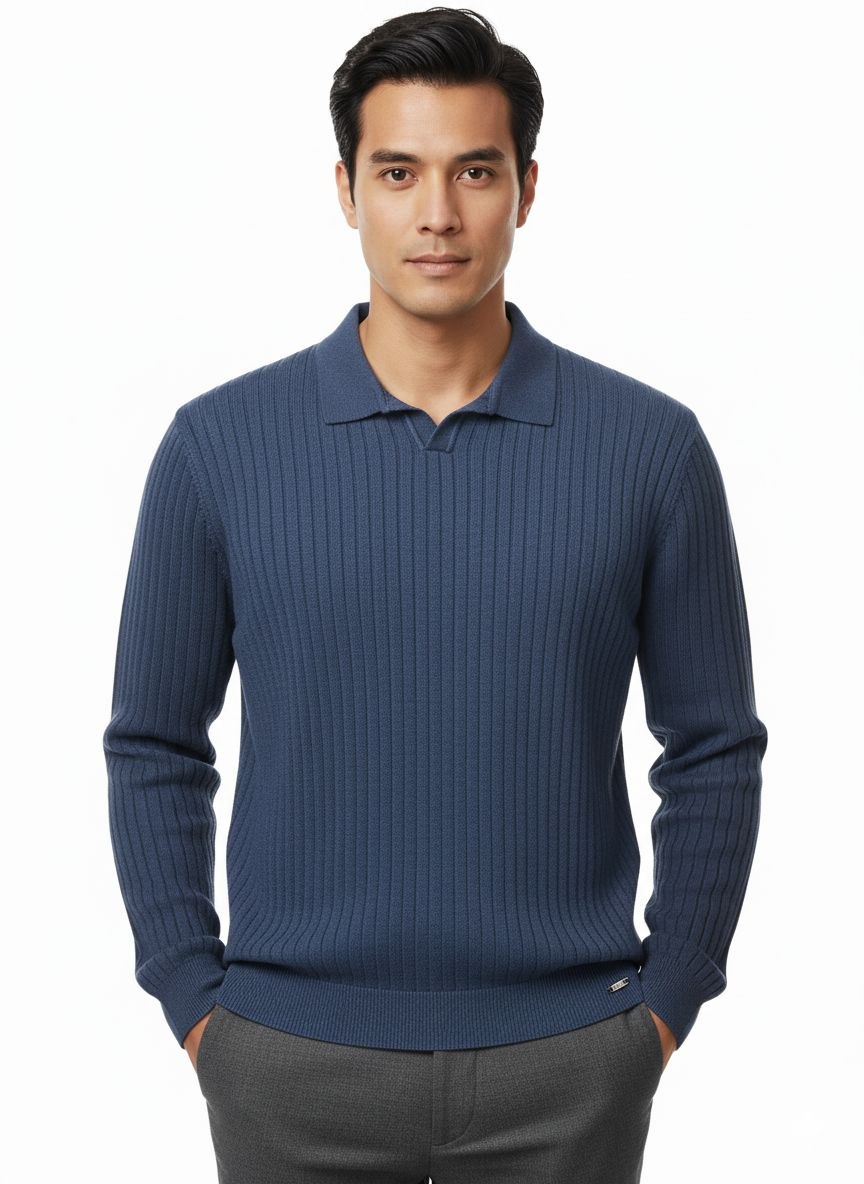 Indigo v-neck polo knitted sweater in indigo | Flamingo Fits