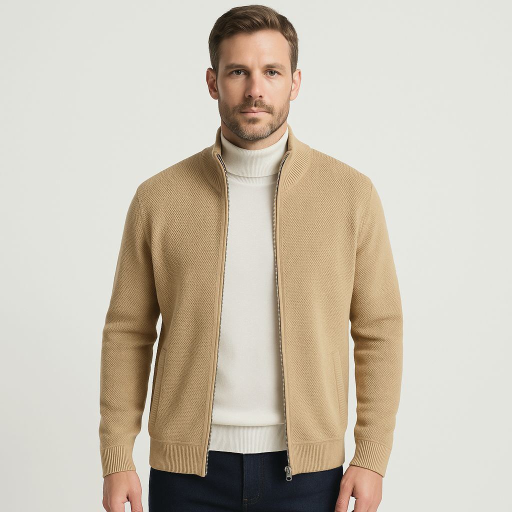 Camel louis zipped cardigan in camel | Flamingo Fits