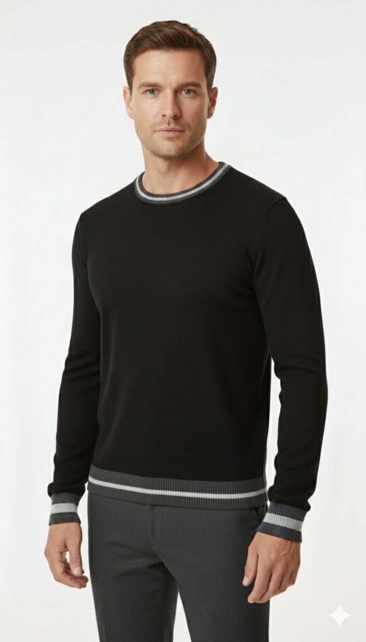 Black Crewneck Trimmed Sweater