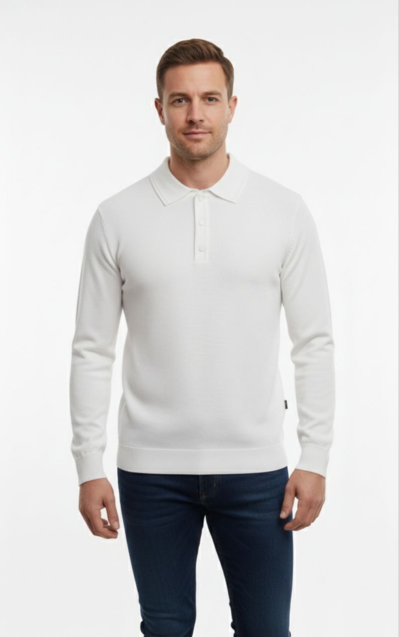 White Como Knit Polo Sweater