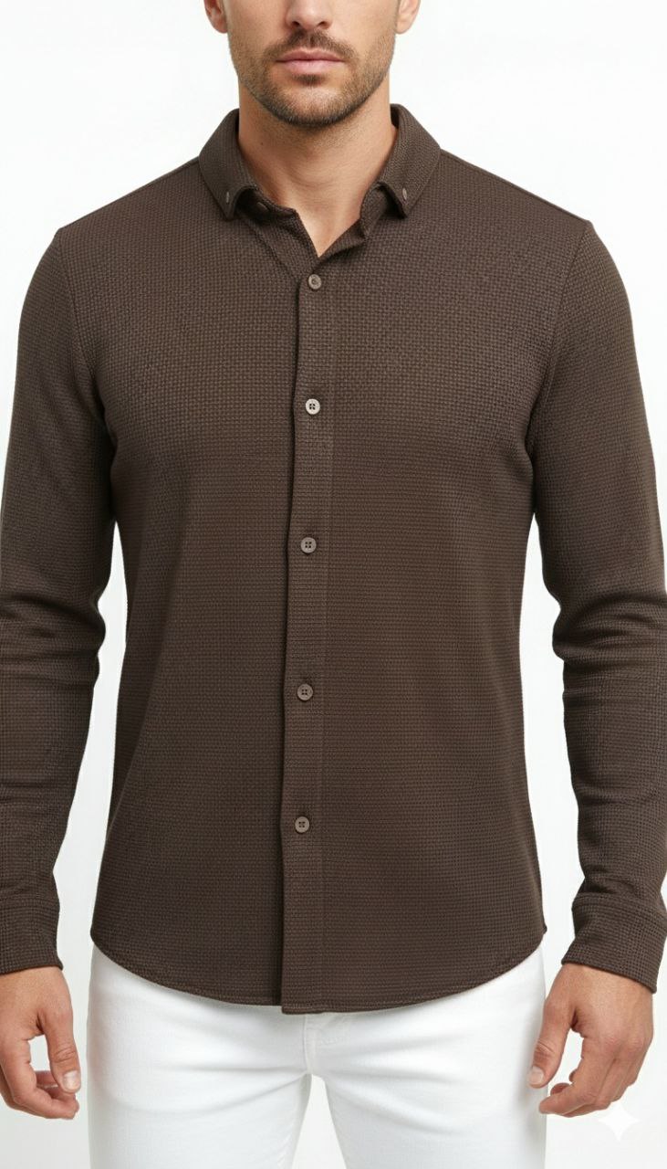 Brown textured weave shirt in brown | Flamingo Fits