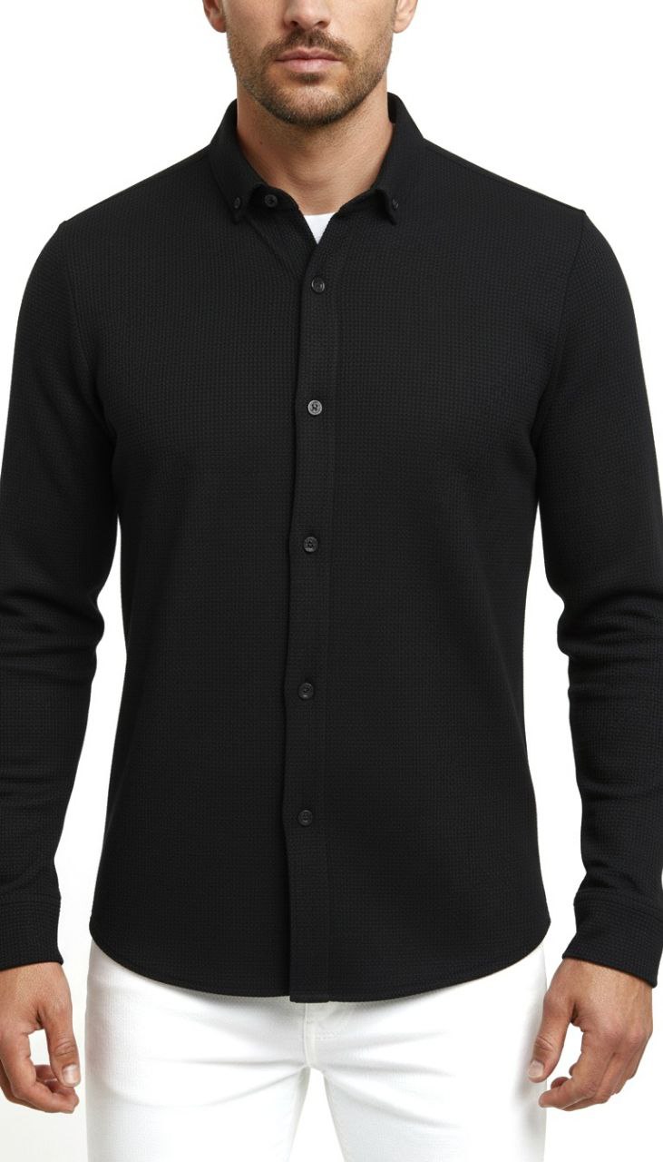 Black textured weave shirt in black | Flamingo Fits